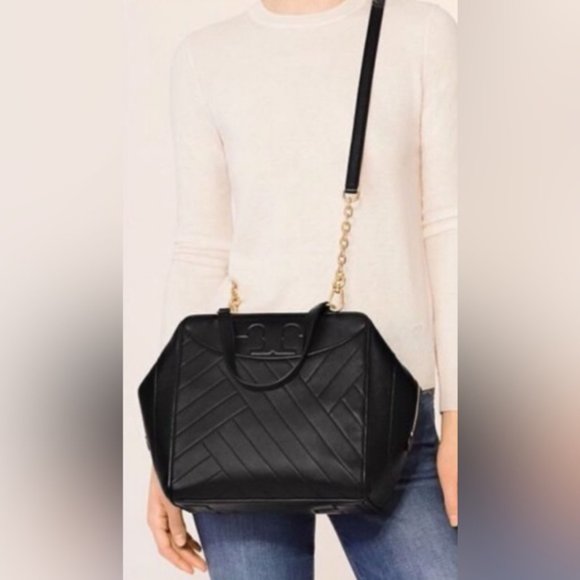 Tory Burch Alexa Satchel In Black Leather with Gold Accents - Picture 4 of 11